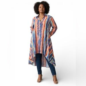Colorful Striped High Low Long Dress/Shirt - OS - 3X